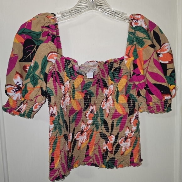 Eva Mendes Floral Puff Sleeve Smocked Crop Top Size Small - Picture 4 of 6